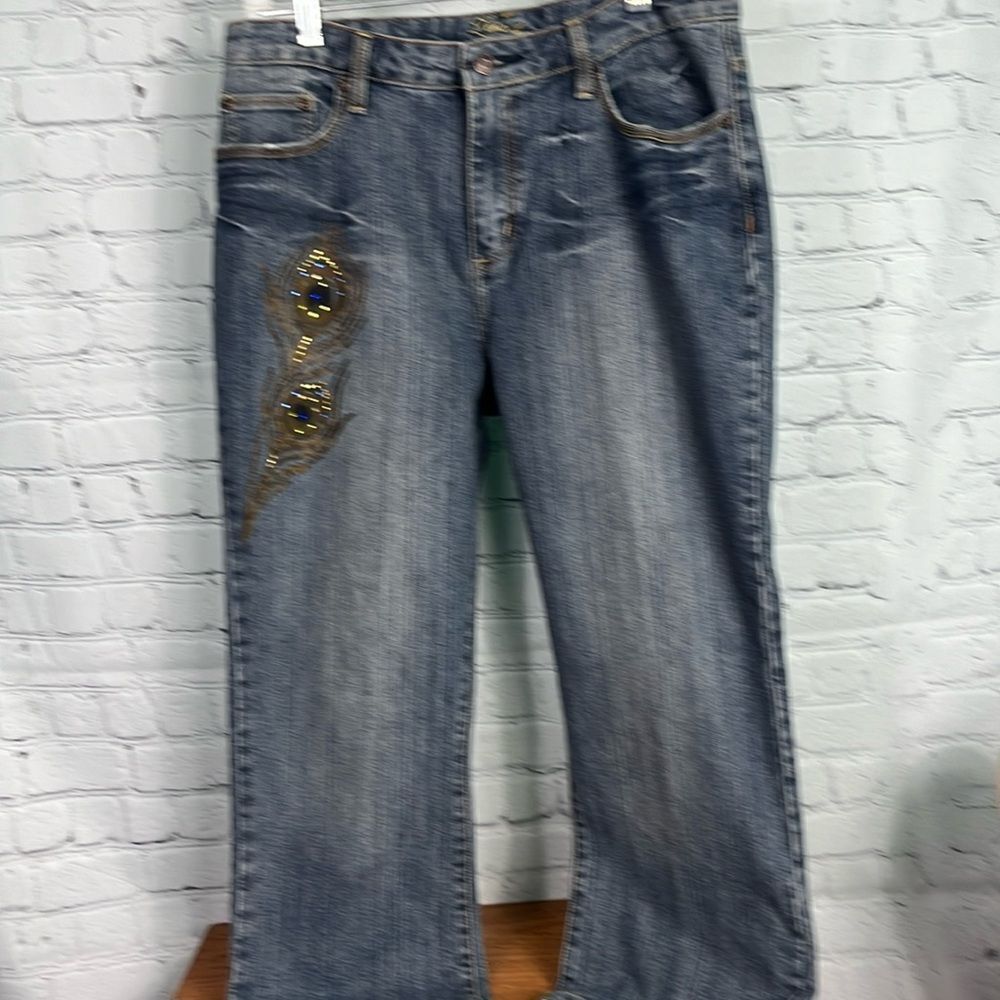 Lena jeans, cropped, peacock feather with embellishments on right thigh 12